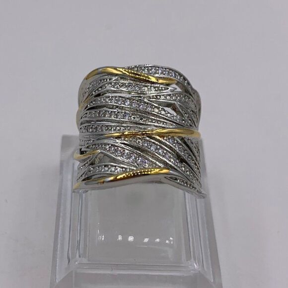 Ring, solid sterling 925, sz 6 and 7, pave gems, gold accents, cigar band - Picture 3 of 14